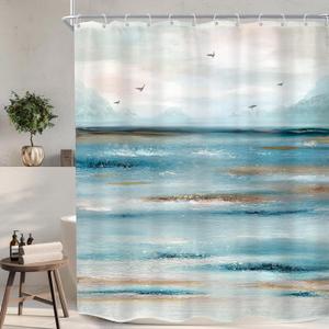 KOMLLEX Abstract Teal Beach Shower Curtain for Bathroom Decor 60Wx72H Ocean Oil Painting Sea Wave Seagull Mountain Nature Landscape Summer Hawaii Scenery Fabric Waterproof Polyester 12 Pack Hooks