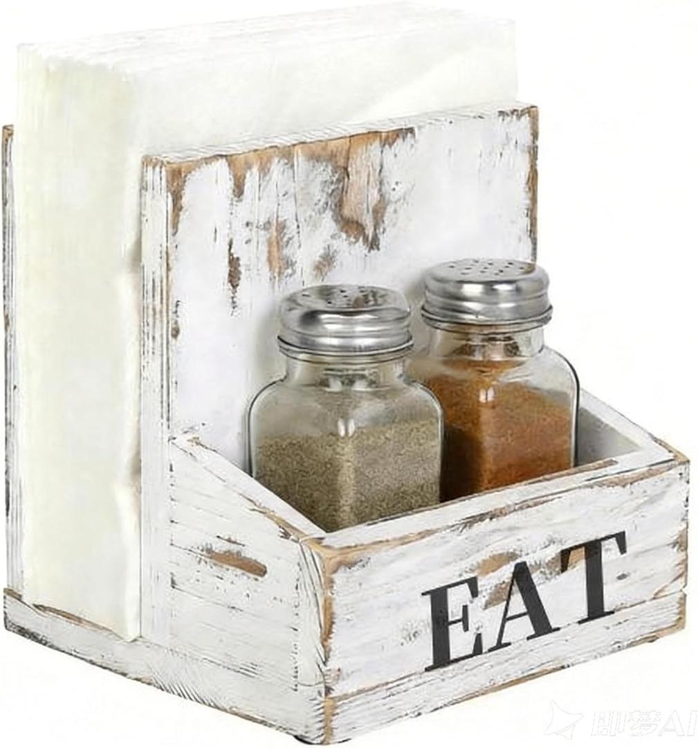 MyGift Napkin Holder for Table, Wood Napkin Holder with Salt and Pepper Shakers Set, Condiment Caddy with Bold Black Printed EAT Design, Standing Paper Napkin Storage for Kitchen Dining Table Decor (Whitewashed)