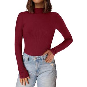 PRETTYGARDEN Women's Turtleneck Long Sleeve Shirts 2026 Fall Basic Tees Ribbed Fitted Tops Thermal Layering Knit Top Clothes (Medium, Wine Red)