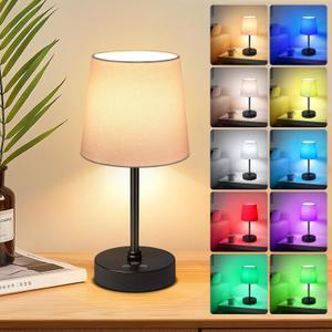 Cordless Table Lamp,5000mAh Rechargeable Battery Operated Desk Lamp,3Colors & 7 RGB Stepless Dimmable, Portable Small Touch Fabric Shade LED Night Light for Patio Restaurant Home(White) (11.4in)