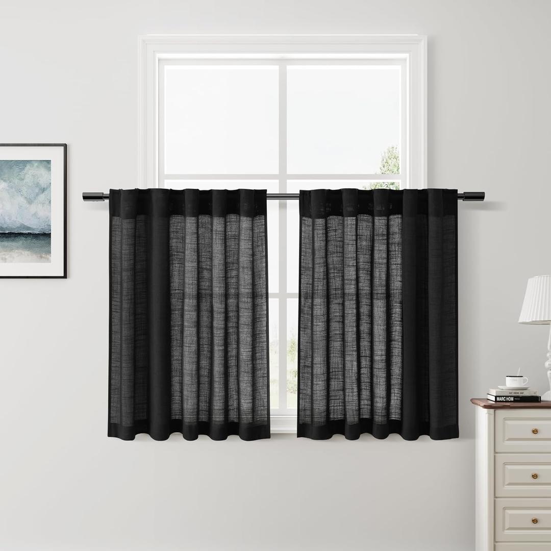 Nanspring Short Linen Curtains 36 Inch Length for Kitchen Windows Over Sink Black Privacy Back Tab and Rod Pocket Modern Neutral Curtains for Cafe Basement 30 x 36 Inch,2 Panels