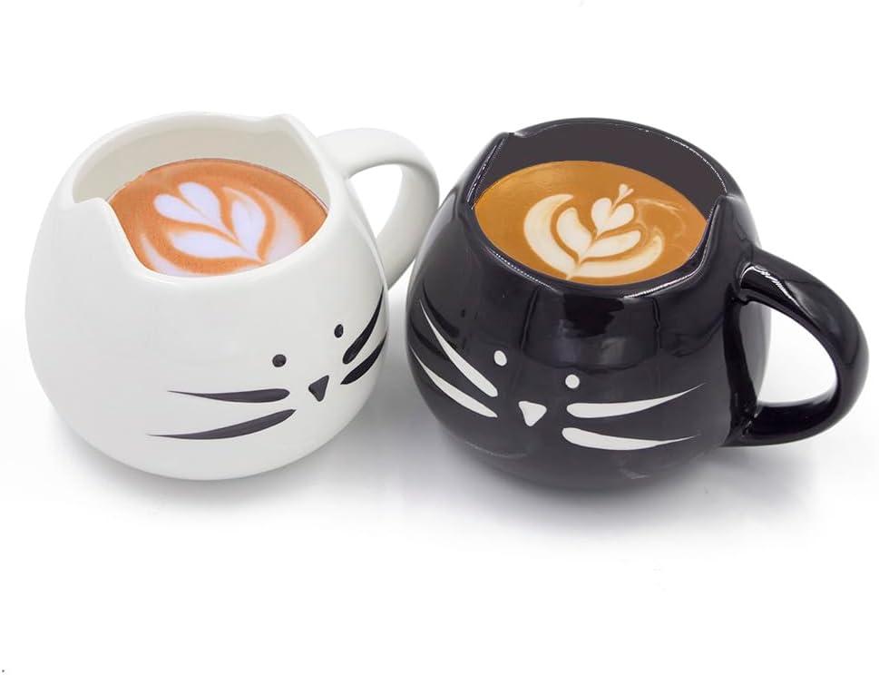 Cute Cat Coffee Mug Set - Lovely Ceramic Cat Tea Mug Cup Gift Set for Women and Girls (12 oz, Black & White)