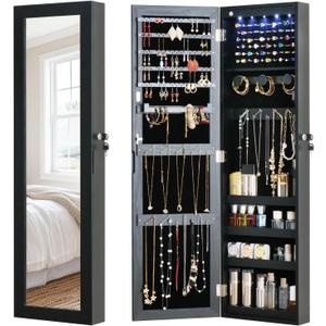 Full Length Mirror Jewelry Cabinet Organizer Lockable Door Wall-Mounted Jewelry Armoire with Shelves and Behind the Door Storage Black