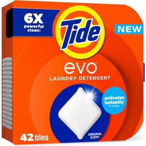 Tide evo Original Scent Laundry Detergent Fiber Tiles Works on 100% of Common Stains Safe for All Machines and Water Conditions Concentrated HE Compatible Clean and Instant Dissolve, 42 Count