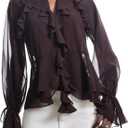 GORGLITTER Women's Ruffle Blouse Party Chiffon Sheer Mesh Shirts Top Long Sleeve Work Business Casual Going Out Outfits Coffee Brown Small