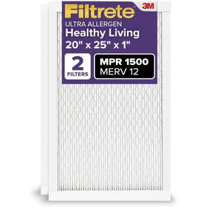 Filtrete 20x25x1 AC Furnace Air Filter, MERV 12, MPR 1500, CERTIFIED asthma & allergy friendly, 3 Month Pleated 1-Inch Electrostatic Air Cleaning Filter, 2-Pack (Actual Size 19.719x24.688x0.78 in)