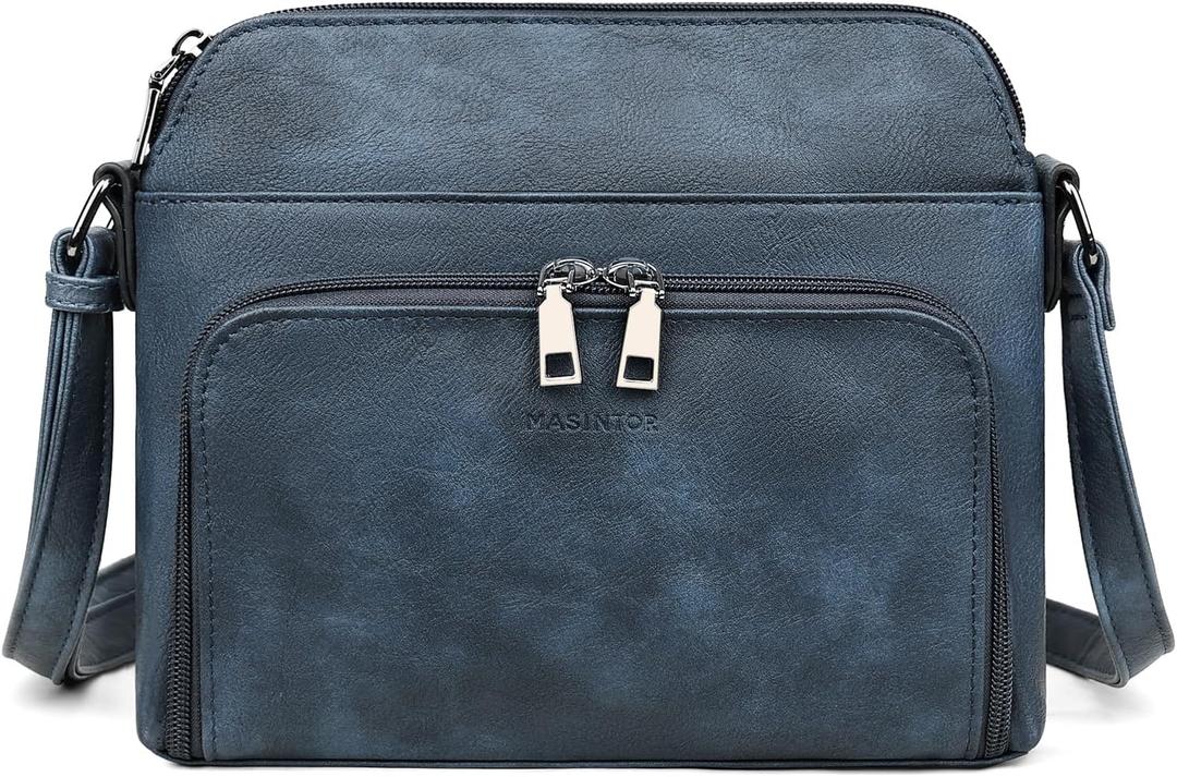 MASINTOR Crossbody Purse Bags for Women, Multi-Pocket Soft Leather Shoulder Purse with Tassel, Lightweight Travel Handbag (Gray-blue)