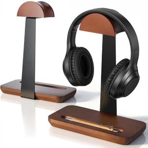 3 x Headphone Stand Wood, Walnut Headset Stand for Desk, Heavy Duty Universal Headset Stand with Storage Base for Gaming and Music Headset