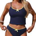 ZAFUL Womens Tankini Swimsuits Tummy Control High Cut Bow Decor Bathing Suits Two Piece Bikini Sets (Small, 0651_Navyblue)