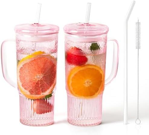 JunVpic Glass Cups with Lids and Straws, 24oz Glass Tumbler with Handle Iced Coffee Cup for Coffee, Juice, Tea, Milk, Smoothie, Hot & Cold Drinks (Pink)
