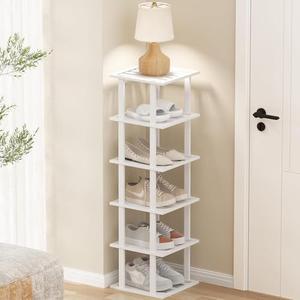 6-Tier Bamboo Shoe Rack - Vertical Shoe Rack for Small Spaces, Tall Narrow Shoe Rack Organizer for Closet Entryway Corner Garage and Bedroom, Free Stackable DIY