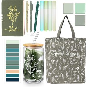 14 Pcs Inspirational Journal Kit for Women Aesthetic A6 Leather Journal Notebook Glass Cup Canvas Tote Bag Motivational Pens Thank You Gifts for Case Management Week Study Supplies(Green)