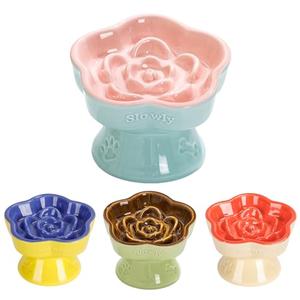 S&Q's CERAMICS Raised Slow Feeder Cat Bowl, Ceramic Elevated and Titled Glass Food Bowl Small Dogs Slow Feeder, Flower Shaped Cute Cat Dish for Dry and Wet Food (Pink, 5.8")