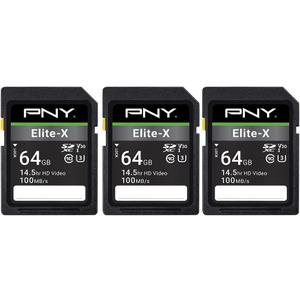 PNY 64GB Elite-X Class 10 U3 V30 SDXC Flash Memory Card - 100MB/s, Class 10, U3, V30, 4K UHD, Full HD, UHS-I, Full Size (Pack of 3)