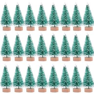 24 Pieces Artificial Mini Christmas Sisal Snow Frost Trees with Wood Base Bottle Brush Trees Plastic Winter Snow Ornaments Tabletop Trees for Christmas Party Home Decoration (Green)
