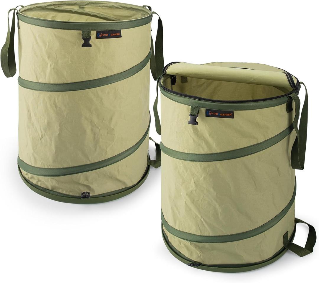 YUDI & GARDEN 29 Gallon Hard Bottom Collapsible Trash CanCollapsible Garden BagCamping Trash Can, Green 2-Pack for Collecting Weeds or Party and Yard Waste