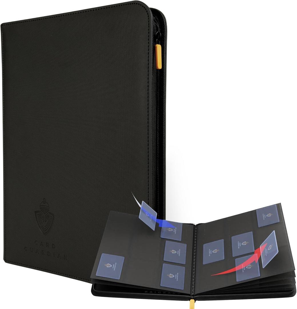 Card Guardian - 9 Pocket Premium Black Card Binder with Zipper for 360 Cards - Trading card binder with Side Loading Pockets for Trading Card Games -TCG Binder (Black)