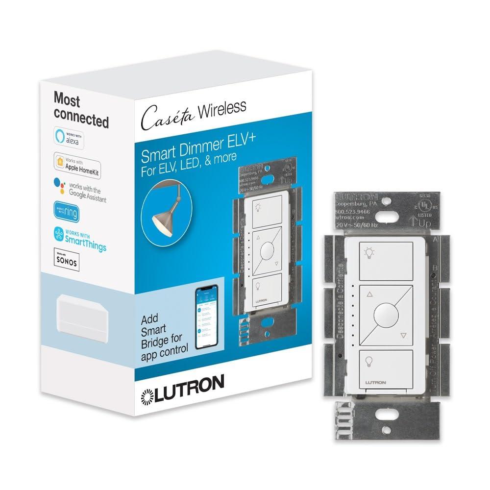 Lutron Caseta Original Smart Dimmer Switch ELV+ (Lutron Hub Required), 250W LED, Single-Pole/3-Way, Neutral Required, PD-5NE-WH, White (1 Pack)