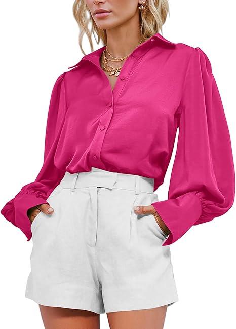 BTFBM Women Satin Button Down Shirts Summer Spring Lantern Long Sleeve Lapel V Neck Blouse Loose Casual Office Work Tops, Size S