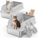 2PACK Stainless Steel Litter Box, Extra Large Litter Boxes for Big Cats, XL Metal Cat Litter Box with Lid High Sides, Anti-Urine Leakage, Non-Sticky, Scoop Included