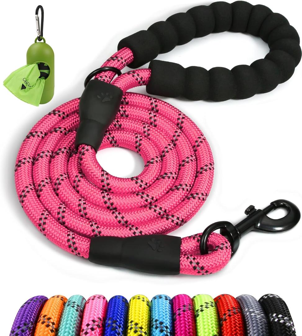 Taglory Rope Dog Leash 4 FT with Comfortable Padded Handle, Highly Reflective Threads Leash and Anti-Tangle Clip for Walking Medium Large Dogs, 1/2 inch, Pink
