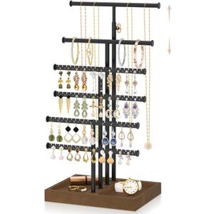 EsLuker.ly Necklace Earring Holder Organizer Display Jewelry Tree Stand | Adjustable Rack with Stable Wooden Storage Base for Women Vendors, 6 Tier Large Bracelet Bangle Tower, Stress-Free Mornings
