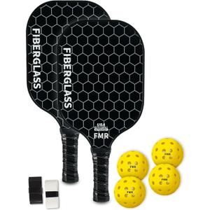 Pickleball Paddles Set of 2 with 4 Balls - USAPA Approved Fiberglass Surface, Lightweight, Non-Slip Grip - Premium Paddle Set for All Skill Levels Indoor & Outdoor