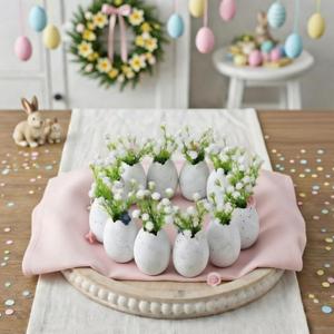 Easter Egg Candle Wreath Rings 5 Inch Easter Speckled Eggs with Artificial Flowers Resin Eggs Neutral Candle Rings Wreaths Rustic Spring Decor for Home Table