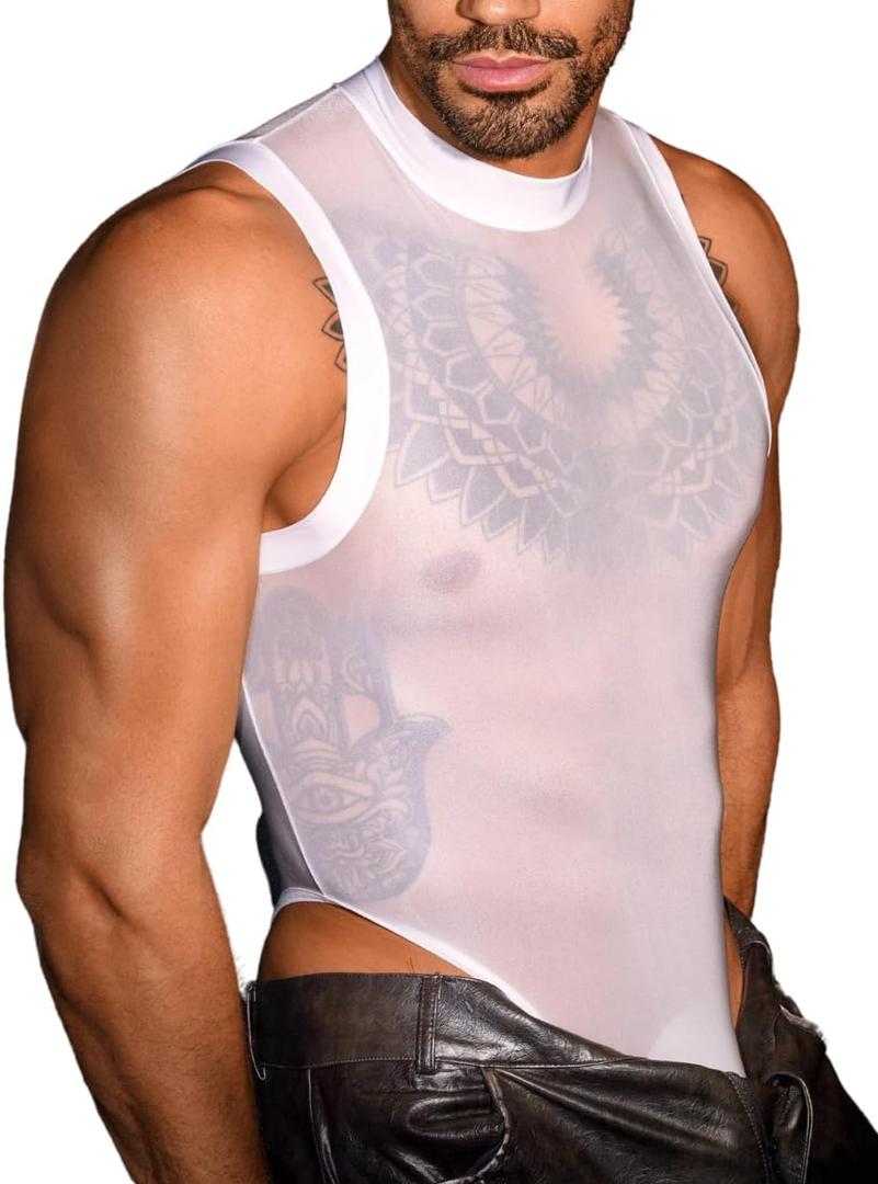 EHSUYAB Sexy Glossy Mens Lingerie Sheer, Snap Crotch Thong Leotard High Cut Muscle Suit, Mesh Rave Bodysuit Top Club Outfits (White) One Size