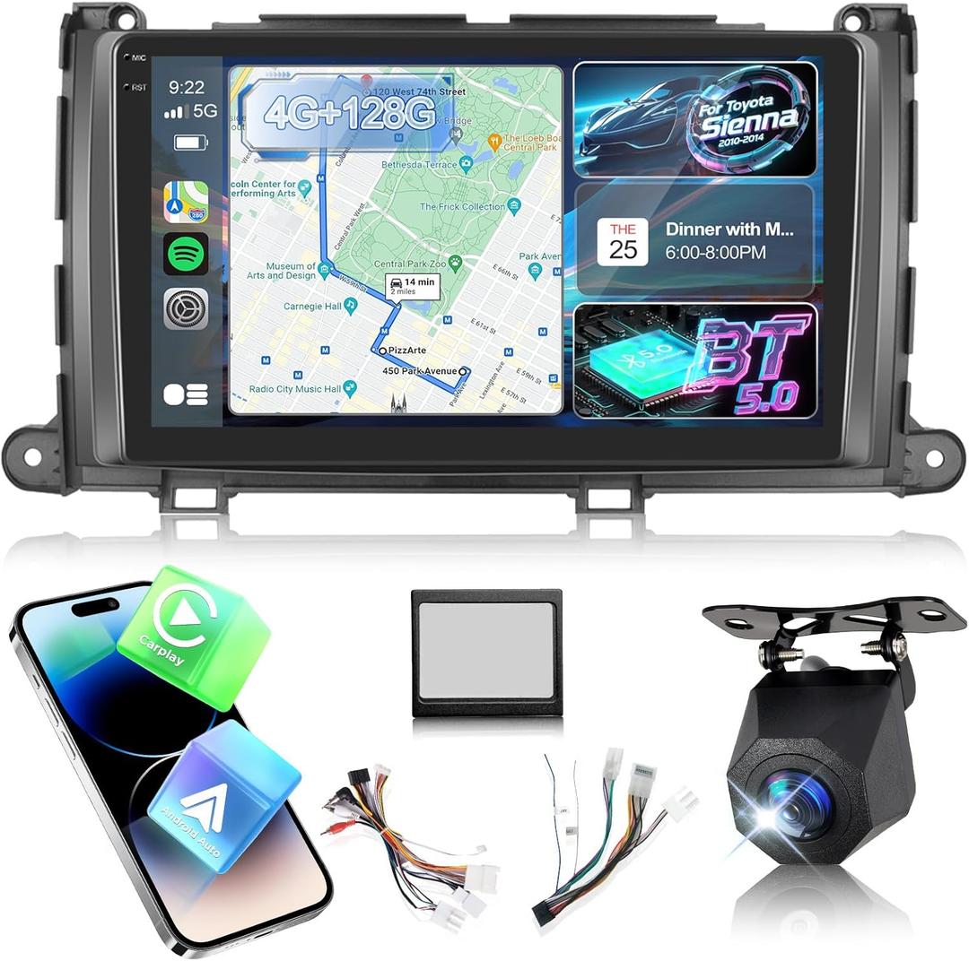 [4+128G] Upgrade Radio for Toyota Sienna 2010-2014, 9 inch Android IPS Incell Touchscreen Stereo - Wireless Carplay and Android Auto, 5G/WiFi, GPS, Custom Homepage, BT 5.0 + Backup Camera + Canbus