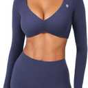 YEOREO Long Sleeve Crop Tops for Women Agantha Deep V Neck Ruched Padded Workout Gym Cropped T Shirt Top with Thumb Holes, M