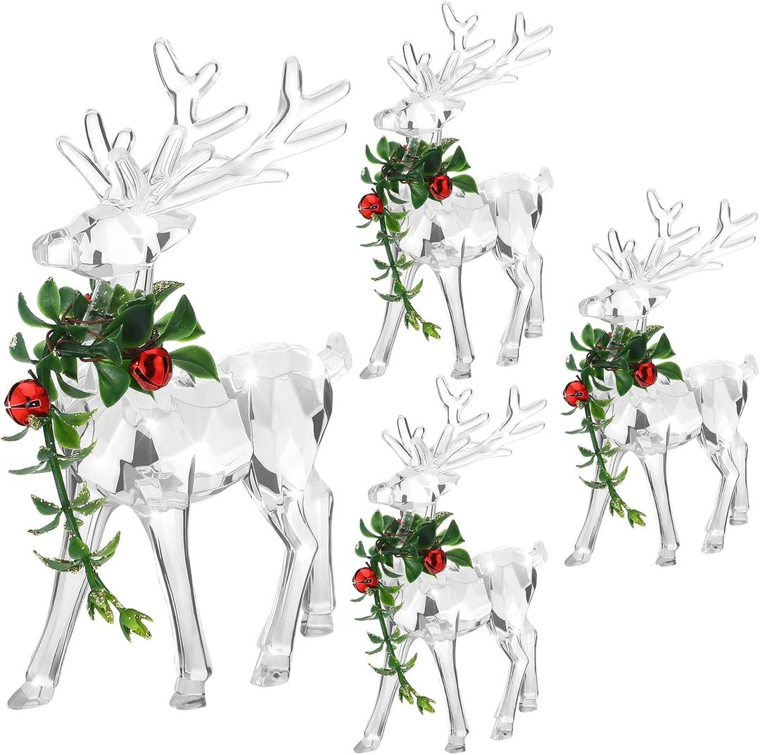 Kathfly 4 Pcs Christmas Acrylic Reindeer Figurines Decoration Reindeer Ornaments with Green Mistletoe and Red Bell Berries Clear Deer Statue for Xmas Holiday Party Decor Table Top Centerpiece