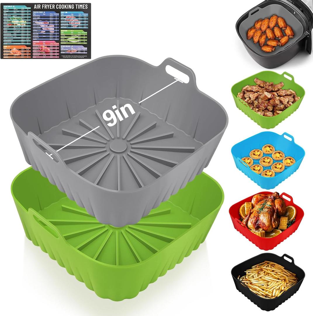2 PCS Silicone Air Fryer Liners 9 Inch Square Easy Cleaning Airfryer Silicone Liners for 6-9 QT Frying Basket, Heat Resistant Reusable Ninja Air Fryer Accessories (Grey+Green), 9"L x 8.2"W