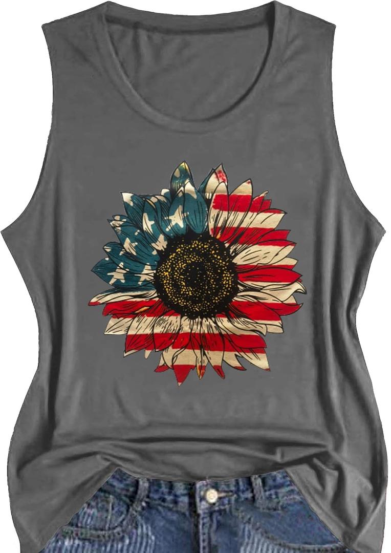 Independence Day Shirt for Women 4th of July Short Sleeve American Flag Shirt Sunflower Tee Tops (Gray, XL)