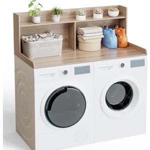 Washer Dryer Countertop with Shelf 27.5" W x 54" L Laundry countertop for Washer and Dryer with Edge Rails, Oak