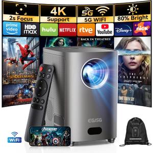 [One-Button Focus] Mini Projector with 5G WiFi and Bluetooth, 4K Outdoor Smart Projector with Carry Bag, Portable Movie Projector with Zoom, Home Theater Projector for Phone/TV Stick/PC (Gun gray)