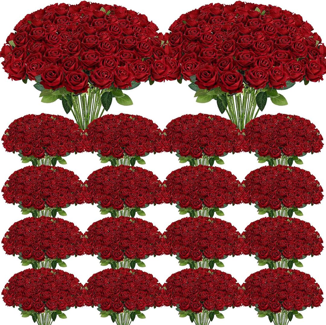 400 Pcs Fake Roses - Red Roses Artificial Flowers Bulk with Long Stems Velvet Real Look Faux Flower for DIY Bridal Bouquet Wedding Home Table Centerpieces Floral Arrangements Decor