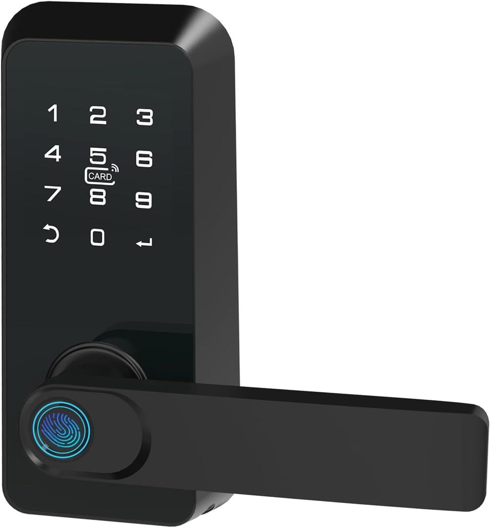 GOLDENKEY Biometric Fingerprint Door Lock with Handle, Digital Keyless Door Lock with Touchscreen Keypad&Passcode, Black