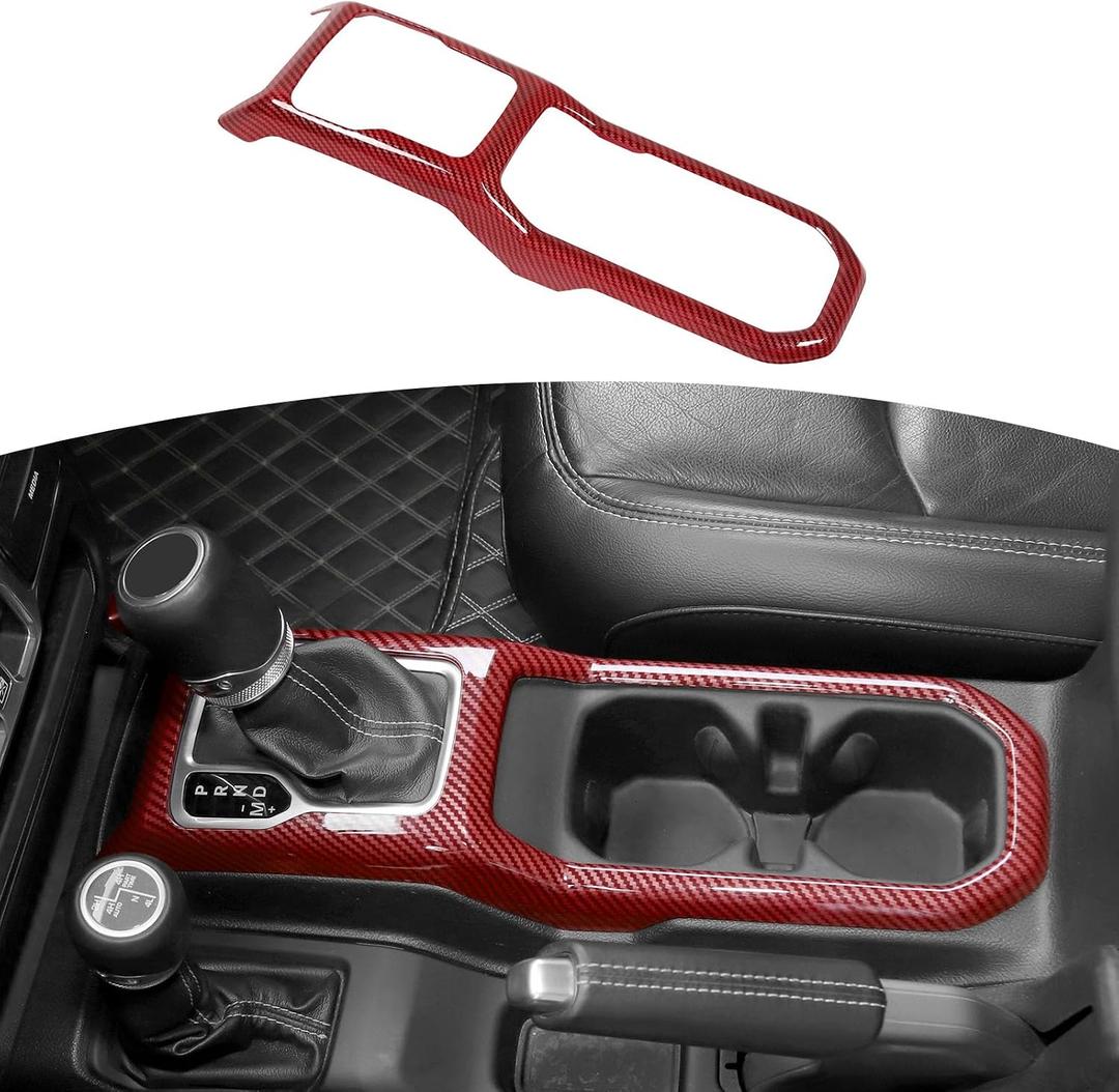 RT-TCZ for Jeep JL Gear Shift Cup Holder Panel Trim Cover for Jeep Wrangler JL JLU 2018 up for Gladiator JT 2020 up Red Carbon Fiber Interior Accessories
