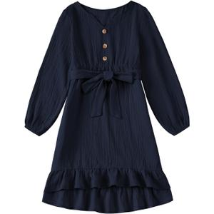 blibean Girls Cotton Long Sleeve Dresses Ruffled Semi Formal Dress Size 6-15 Years (Blue, XL)