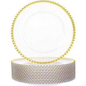 12 Pack Clear Charger Plates with Gold Beaded Rim, 13 Inch Plastic Charger Plates Bulk for Wedding, Elegant Dinner Party & Event Decor, Heavy Duty Reusable Clear and Gold Chargers for Dinner Plates