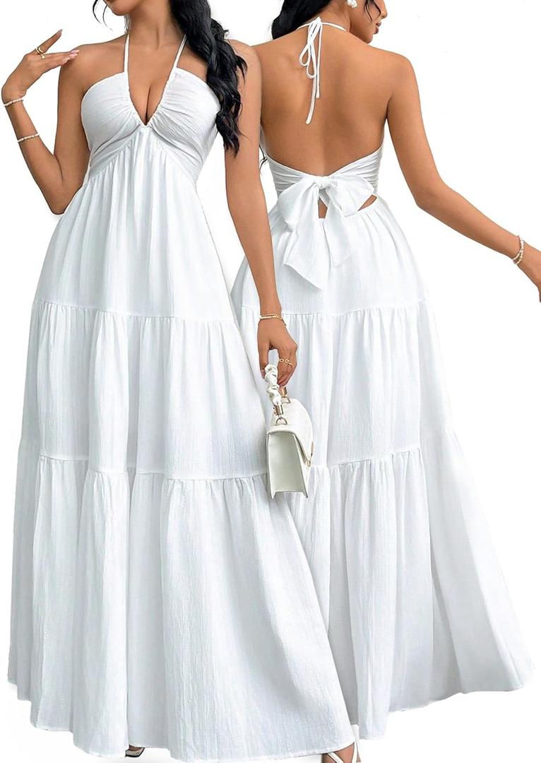 Narecte Women's Maxi Summer Dresses Halter V Neck Beach Dresses for Women A-Line Casual Dress for Vacation (White) L