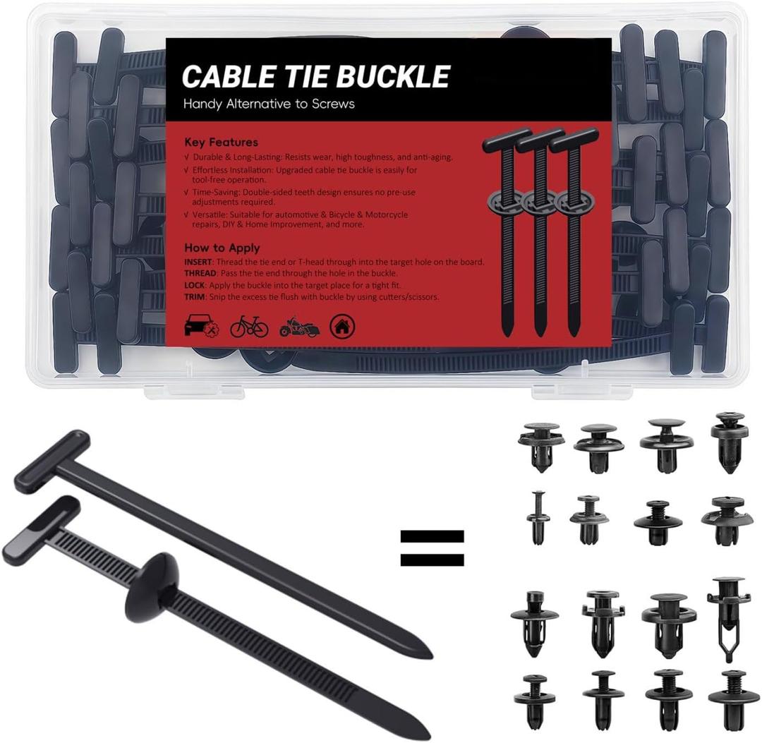 30PCS Nylon Universal Cable Tie Buckles, Multi-functional T Rivet Zip Ties - Automotive Zipper Clips with Pin & Button Design for Car Daily Repair, Fender Liner, Bumper Retainer, Door Panel Fastener