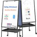 MAKELLO Rolling Whiteboard on Wheels 36x24 in, Double Sided Mobile White Board with Storage Tray for Office School Home, Magnetic Classroom Easel for Teacher, Height Adjustable, Aluminum Frame, 3'x2'