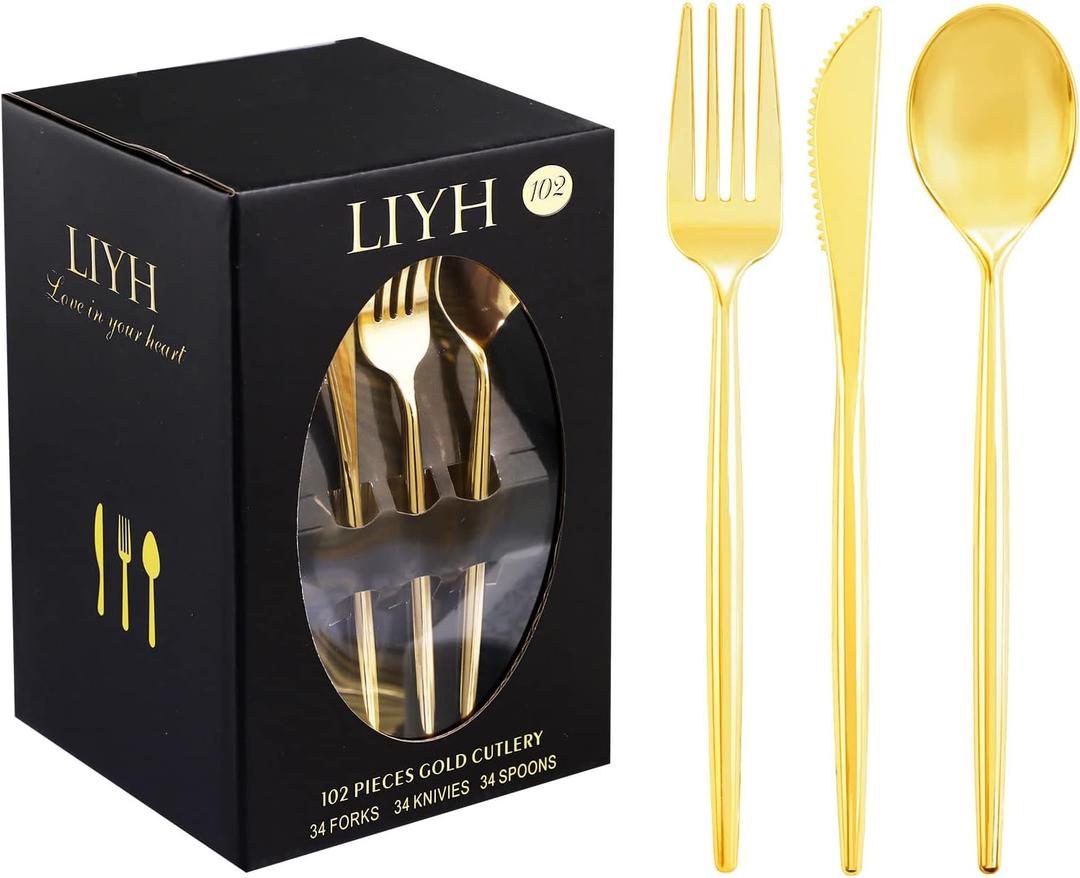 LIYH 102 Pcs Gold Plastic Silverware Disposable, Plastic Gold Utensils Heavyduty - Disposable Cutlery Includes Knives Forks and Spoons for Party, Birthday,Wedding Events