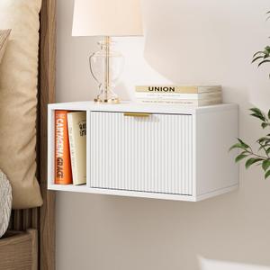 Masupu Floating Nightstand, Wall Mounted Floating Bedside Table with Storage Drawer and Open Shelf, Modern Bedroom Nightstand, 19.3" x 11.4" x 10", White