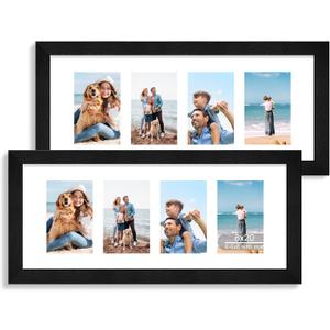 Hongkee 8x20 Picture Frame Set of 2, Rustic Black Wood Frame with Tempered Glass Collage Frame, Display Pictures Four 4x6 With Mat or 8 x 20 Without Mat - Horizontal or Vertical Wall Mounting, 8x20 in matted to 4-4x6
