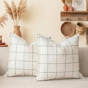 Cream White Plaid Throw Pillow Covers 18x18 Set of 2, Boho Decor White Checkered Decorative Pillows for Couch 18 x 18, Modern Farmhouse Neutral Decor Linen Pillows for Bed (Without Pillow Inserts)