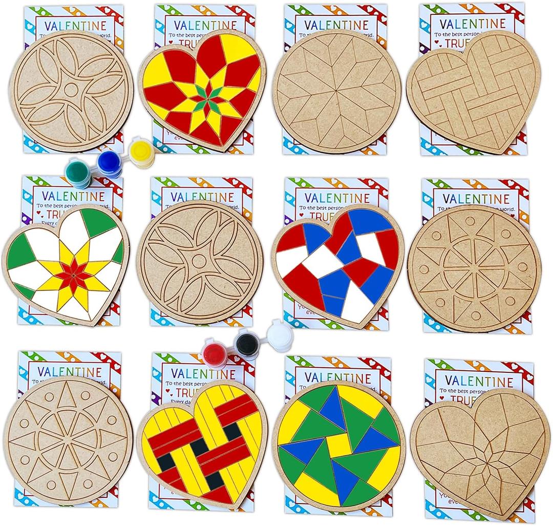 2 x Valentine's Day Gifts Party Favor 28Pcs Wooden Slices Card DIY Craft Heart Shape for Kids Crafts and Art Classroom Exchange (Heart, One Size)