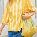 Tankaneo Womens Puff Sleeve Babydoll Tops Summer V Neck Striped Blouse Cute Casual Loose Fit Flowy Shirts (Yellow, L)